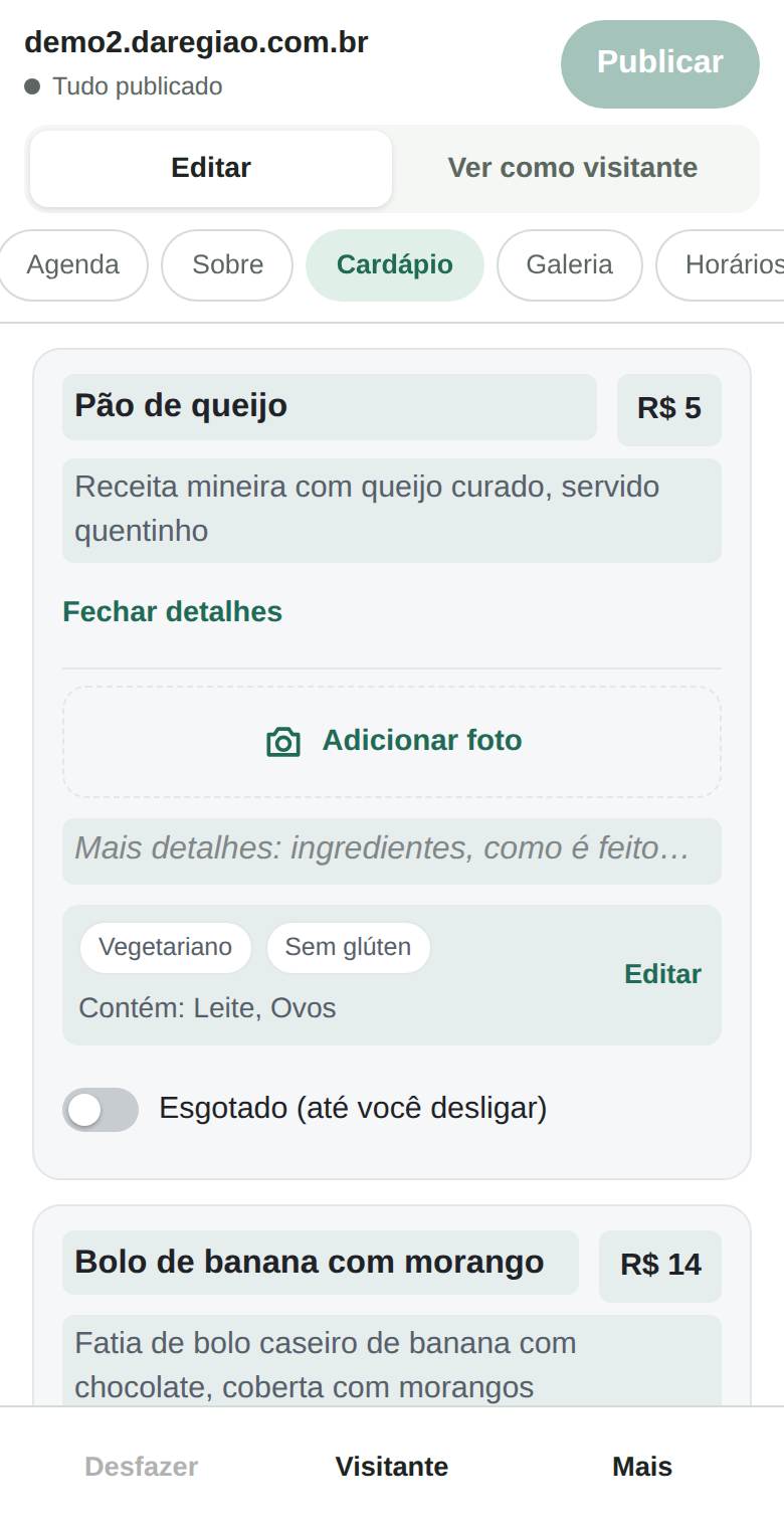 O editor no celular: o cardápio de uma padaria de exemplo, com nome, preço e descrição do pão de queijo para tocar e mudar, a foto, os selos vegetariano e sem glúten e o botão Esgotado