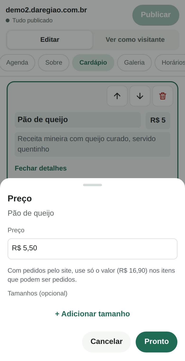 O editor no celular: a janela Preço do pão de queijo, com o novo valor R$ 5,50 e os botões Cancelar e Pronto