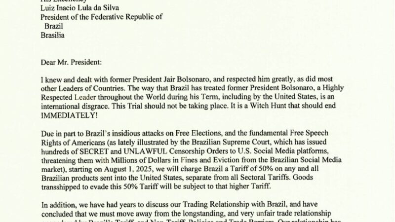 Trump manda carta a Lula e anuncia tarifa de 50% sobre produtos brasileiros