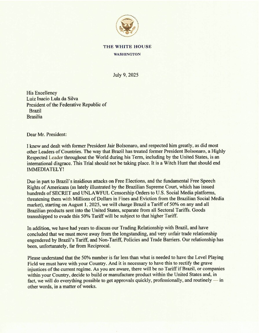 Carta de Trump: leia íntegra do texto, que alega motivos políticos e comerciais para tarifa de 50% Brasil