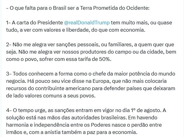 Bolsonaro vincula tarifaço de Trump a anistia e mina esforços de aliados para responsabilizar Lula