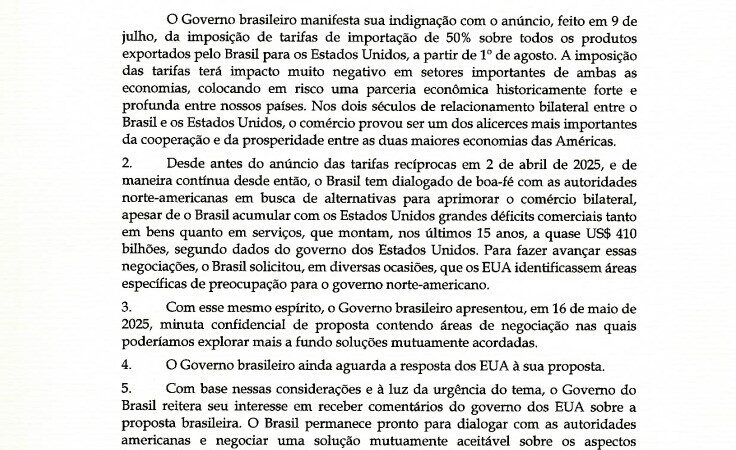 Veja a íntegra da carta enviada pelo governo Lula aos Estados Unidos sobre tarifaço de Trump