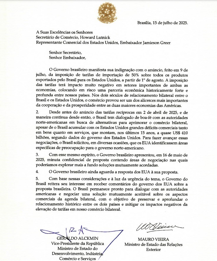 Veja a íntegra da carta enviada pelo governo Lula aos Estados Unidos sobre tarifaço de Trump