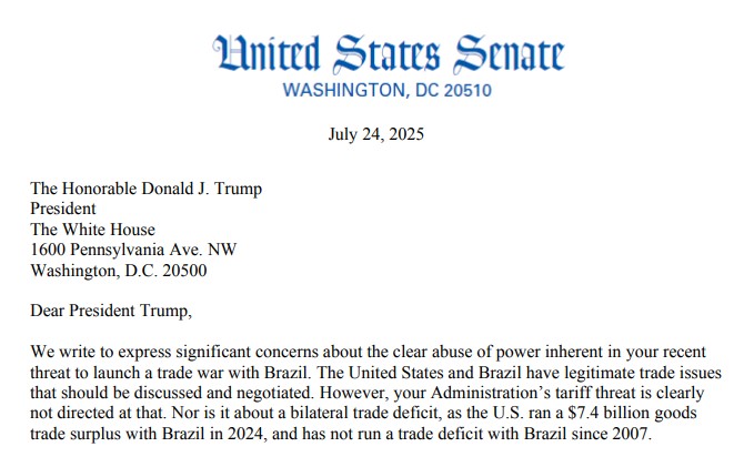 Trump é acusado de ‘claro abuso de poder’ por tarifas ao Brasil por senadores democratas