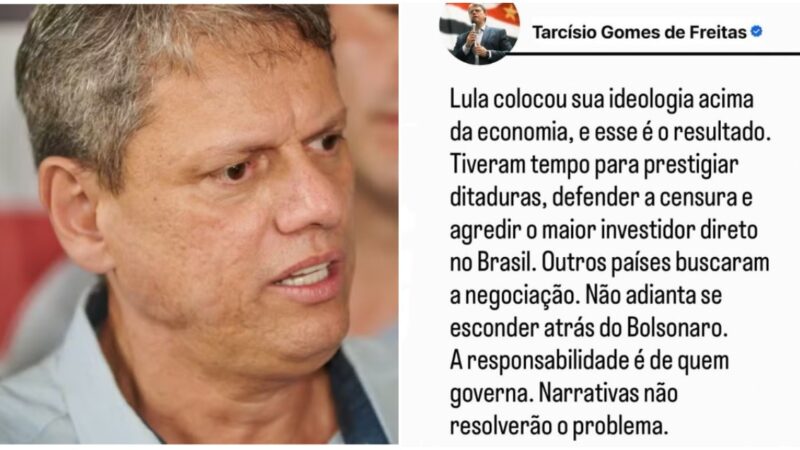 Tarifa de 50%: Tarcísio responsabiliza Lula por taxa de Trump sobre o Brasil