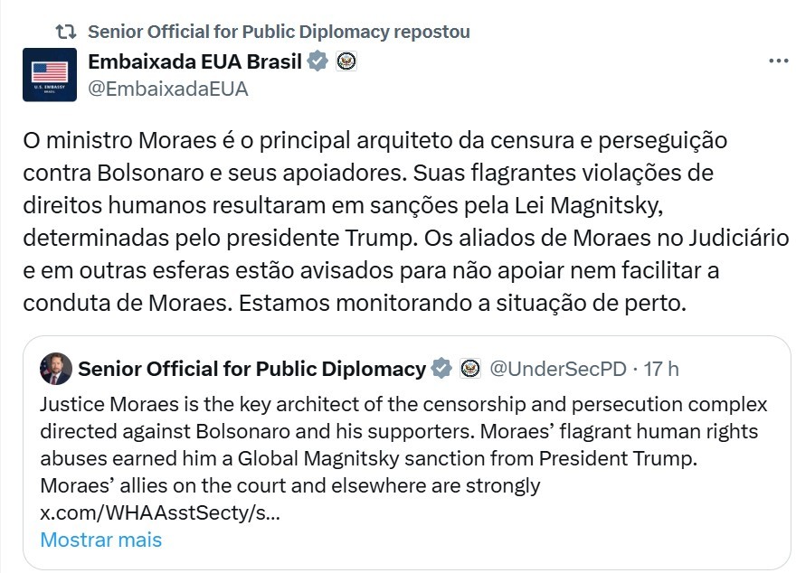 Embaixada dos EUA ameaça aliados de Moraes: ‘Estão avisados’