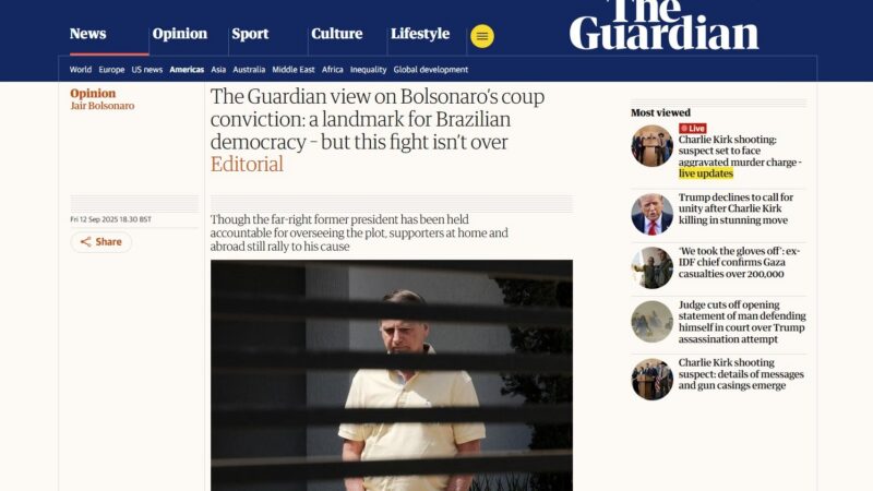 ‘Marco para a democracia brasileira, mas a luta não acabou’: em editorial, ‘Guardian’ apoia a condenação de Bolsonaro