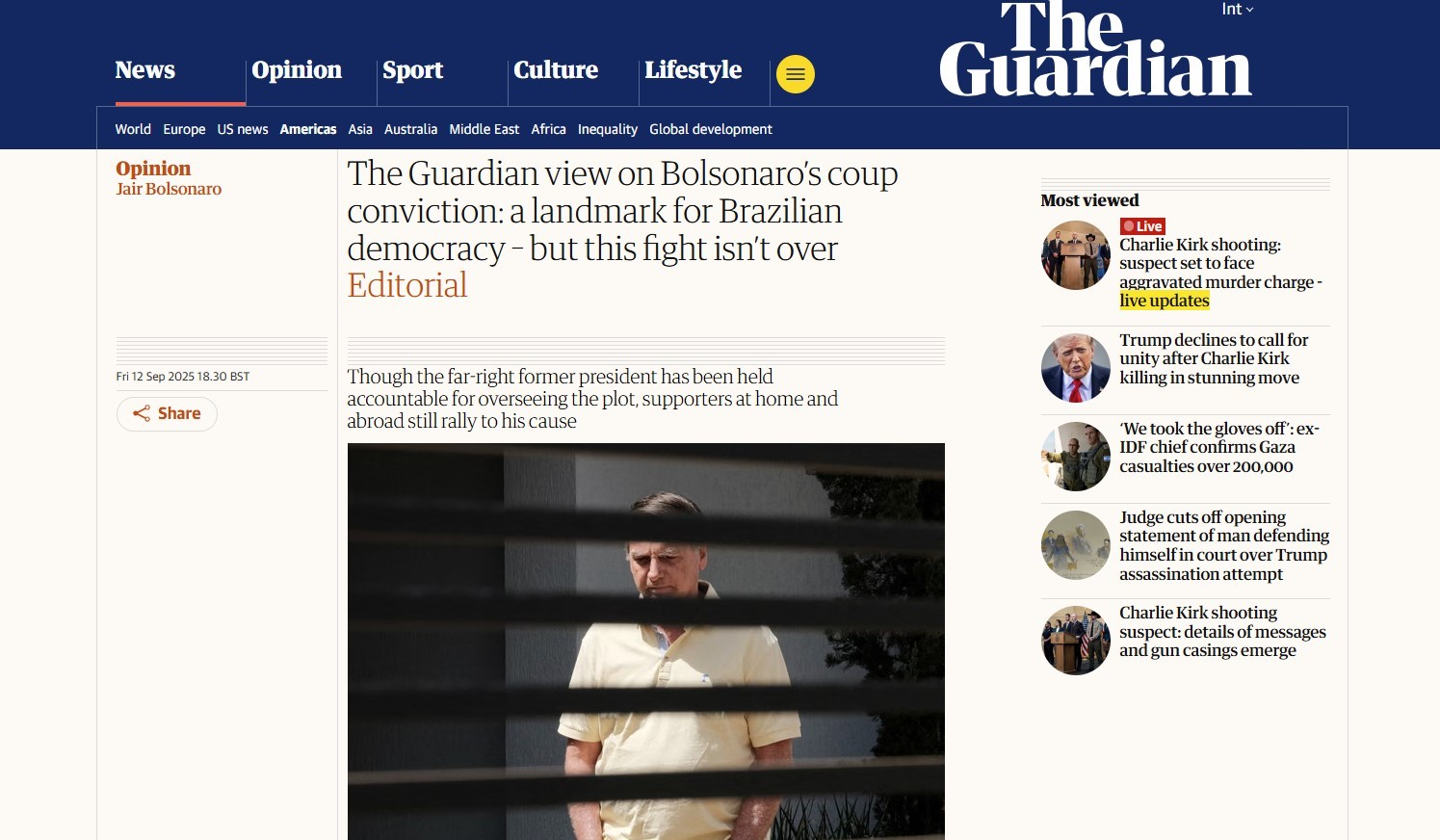 ‘Marco para a democracia brasileira, mas a luta não acabou’: em editorial, ‘Guardian’ apoia a condenação de Bolsonaro